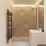 a bathroom with a toilet, sink, and shower